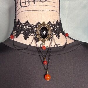 Gothic Lace Vampire Choker with Genuine Carnelian